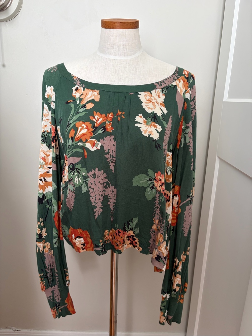 Anthropologie Green Floral Boatneck Long-Sleeve Top